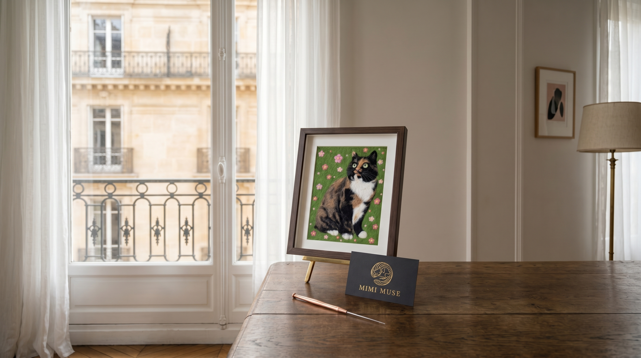 Handcrafted wool felt cat portrait in a gold frame, displayed on a wooden surface by a sunlit Parisian window