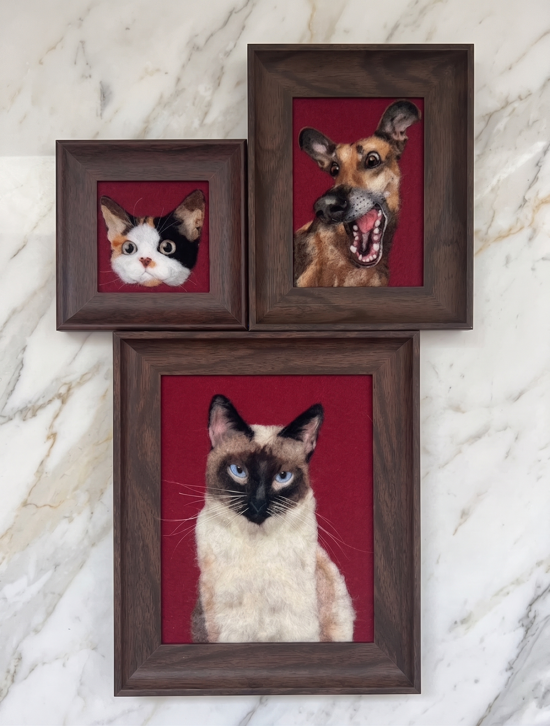 Three framed needle felted pet portraits by Mimi Muse atelier, handcrafted bespoke cat artwork for home gallery